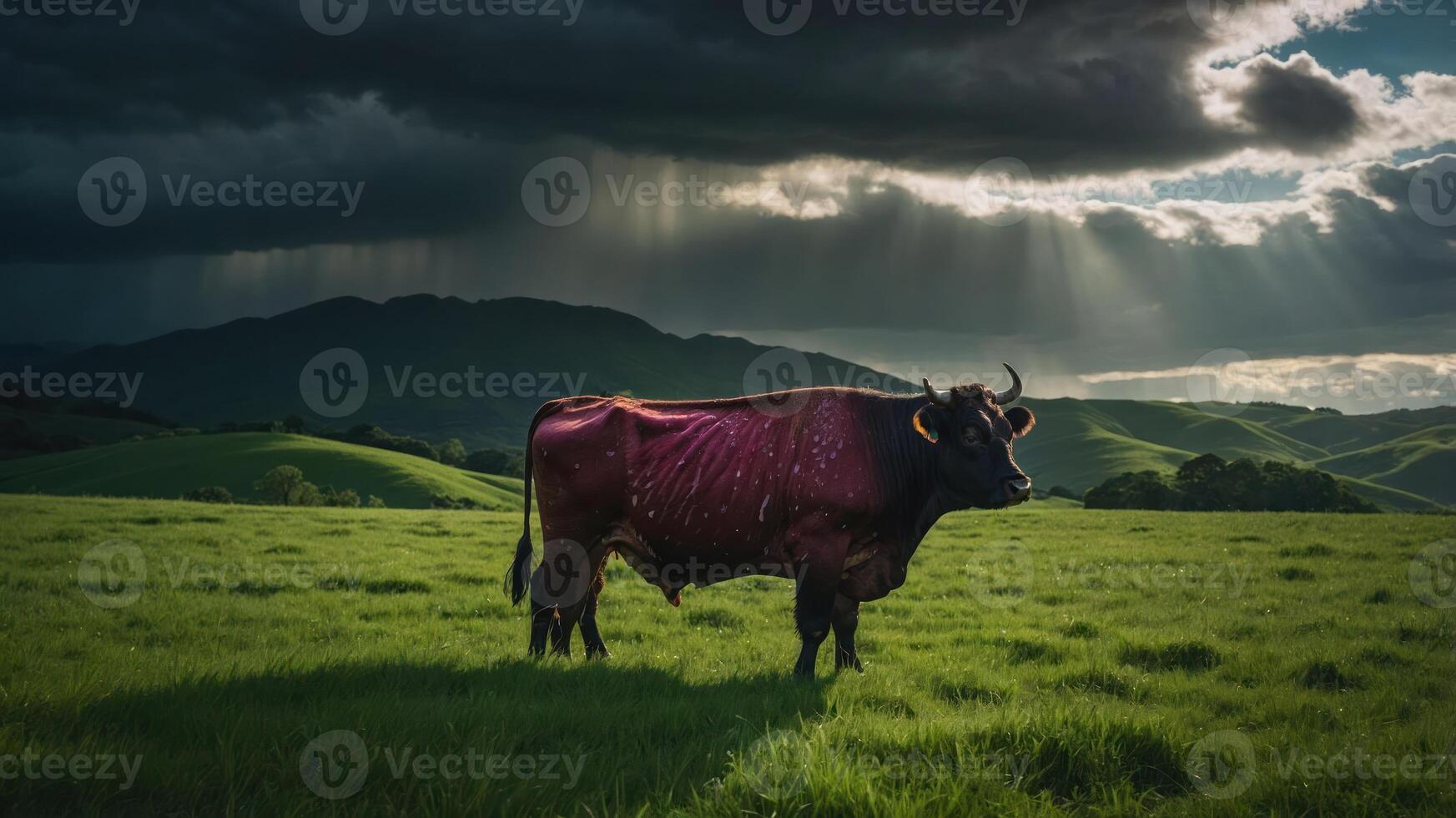 A solitary cow stands in a lush green field under dramatic skies with sunlight breaking through. photo