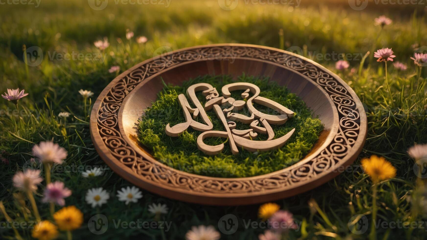 A decorative plate with Arabic calligraphy resting on grass and flowers in a serene setting. photo