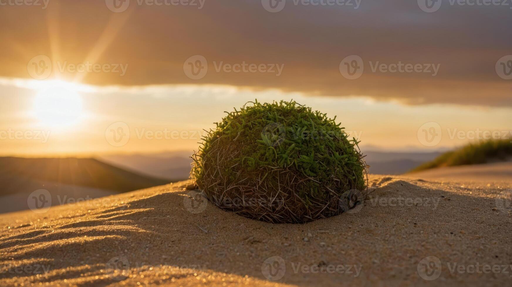 A spherical green moss ball on sandy terrain during sunset, highlighting nature's beauty. photo