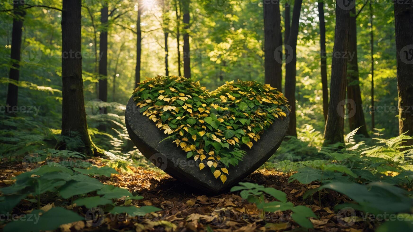 A heart-shaped stone adorned with leaves in a serene forest setting. photo