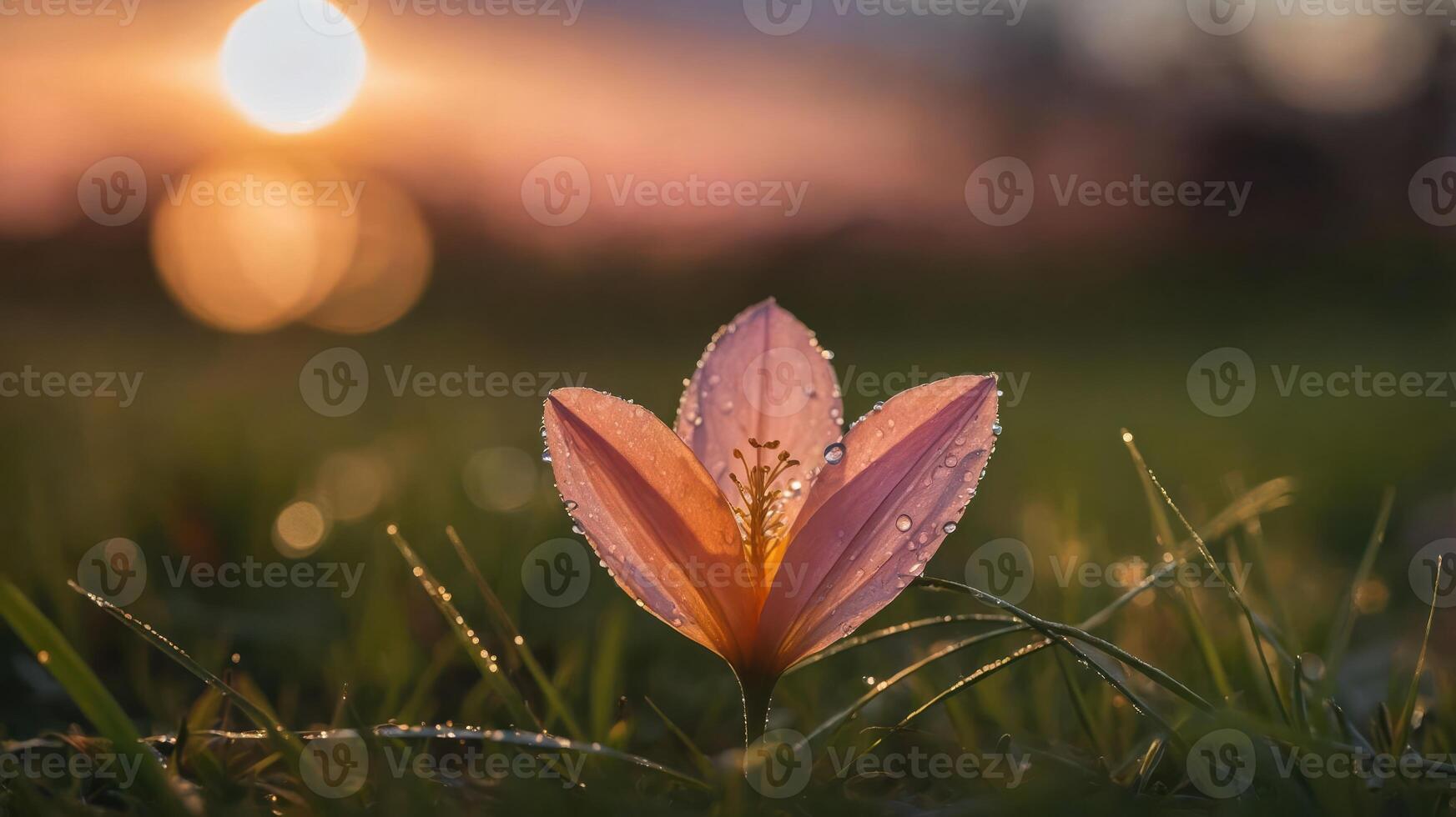 A close-up of a pink flower with dew, illuminated by a warm sunset in the background. photo