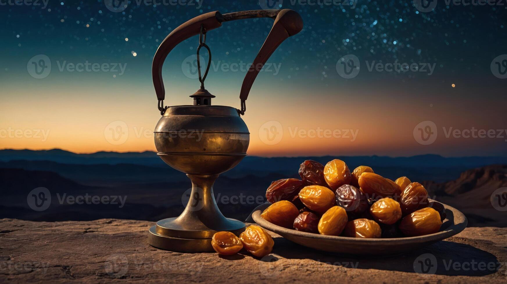 A traditional kettle beside a plate of dates against a starry desert sunset. photo