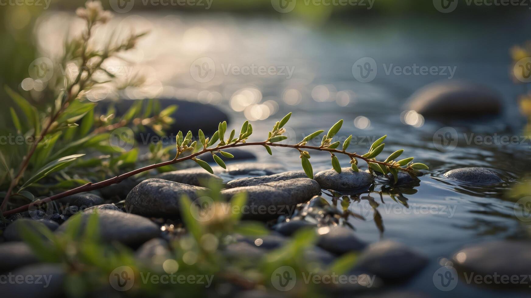 A tranquil scene of a water stream with pebbles and green foliage. photo