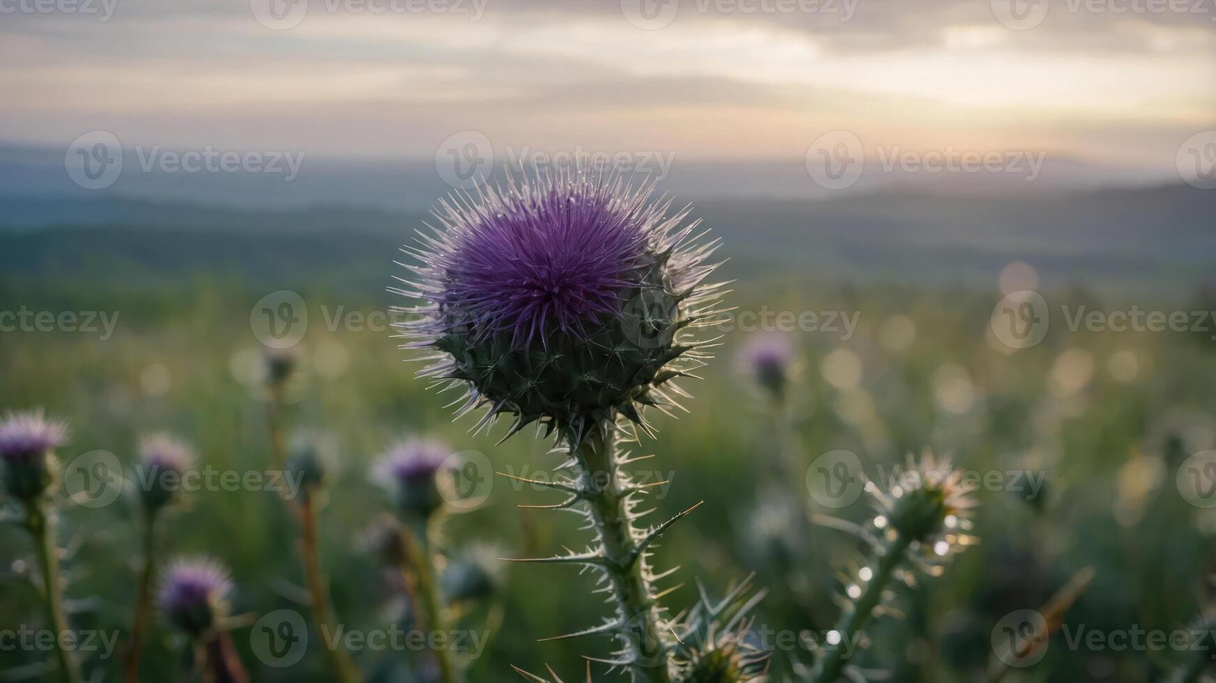 A close-up of a thistle flower in a scenic landscape during sunset. photo