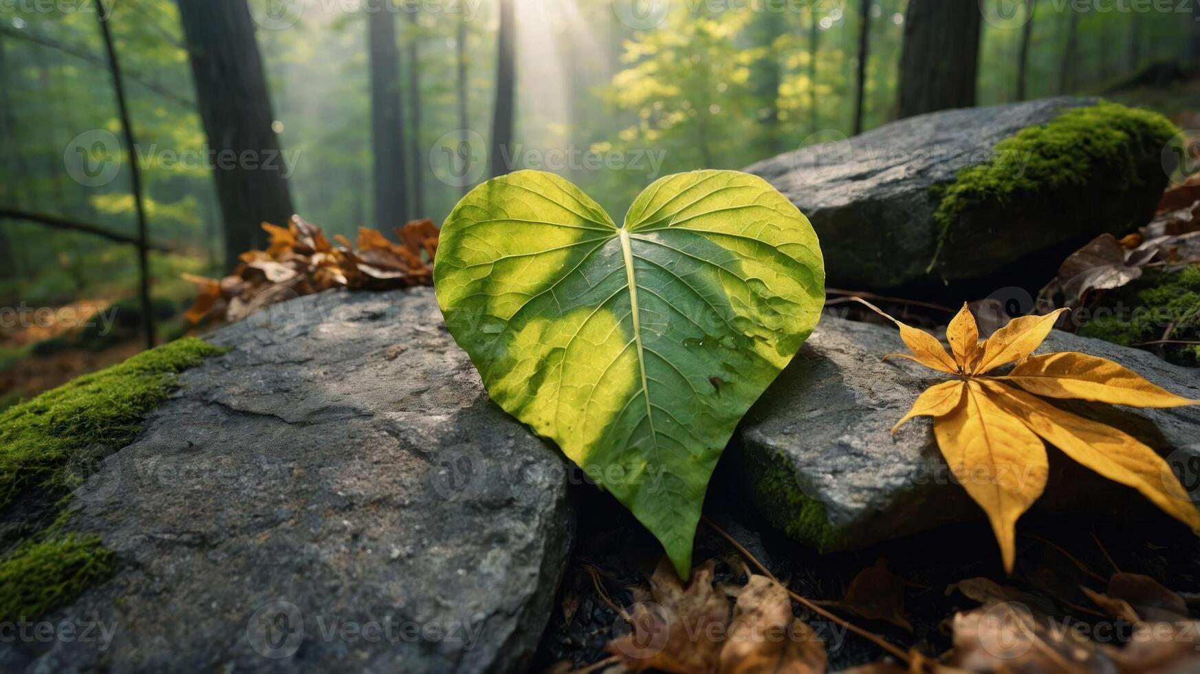 A heart-shaped leaf rests on stones in a forest, illuminated by soft sunlight. photo