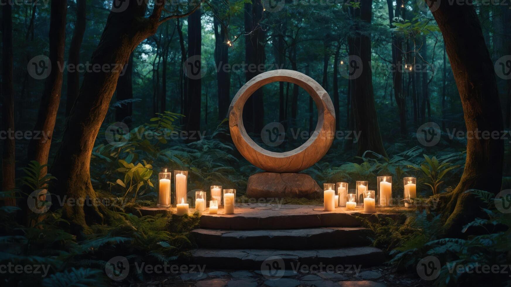 A serene forest scene featuring a circular wooden structure and candles on stone steps. photo