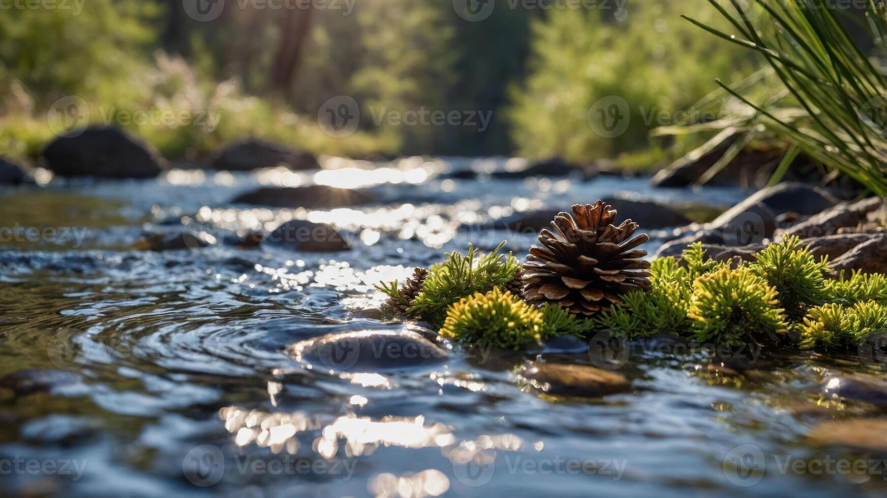 A serene stream with a pine cone and moss, reflecting light in a natural setting. photo