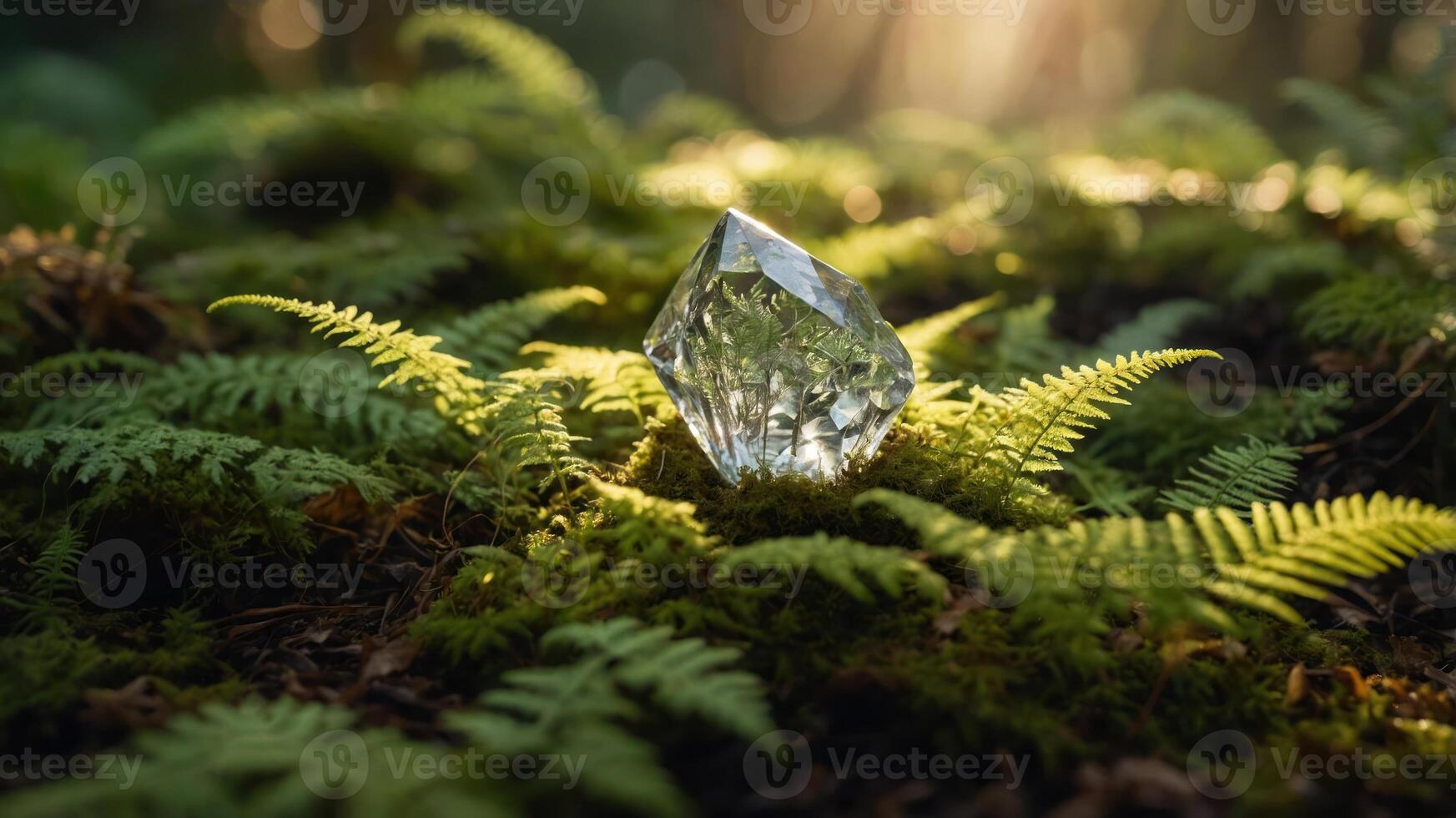 A crystal resting on lush ferns in a sunlit forest. photo