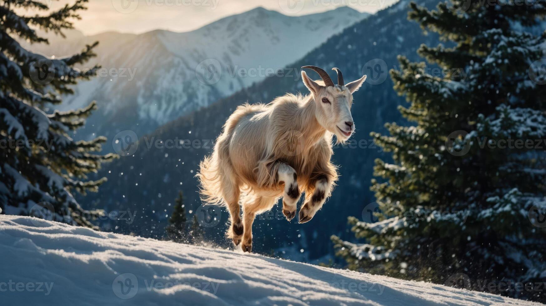 A mountain goat leaps through snow-covered terrain with majestic mountains in the background. photo