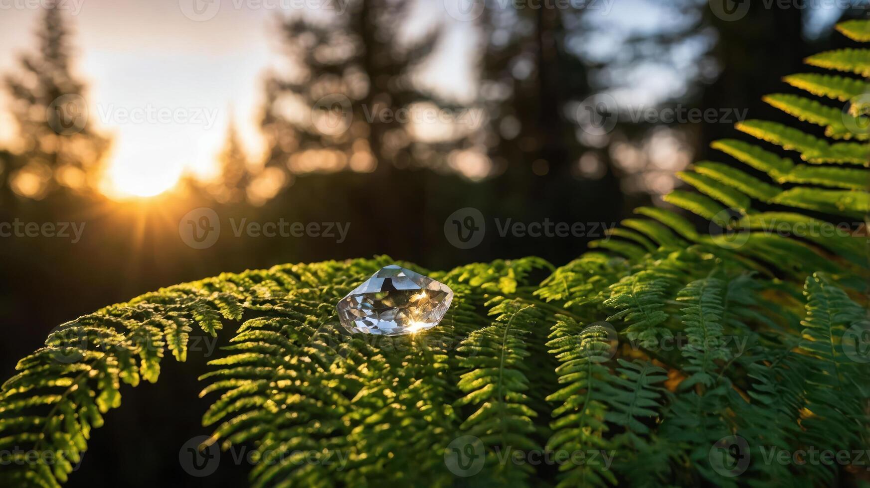 A sparkling crystal resting on a fern leaf with a sunset in the background. photo