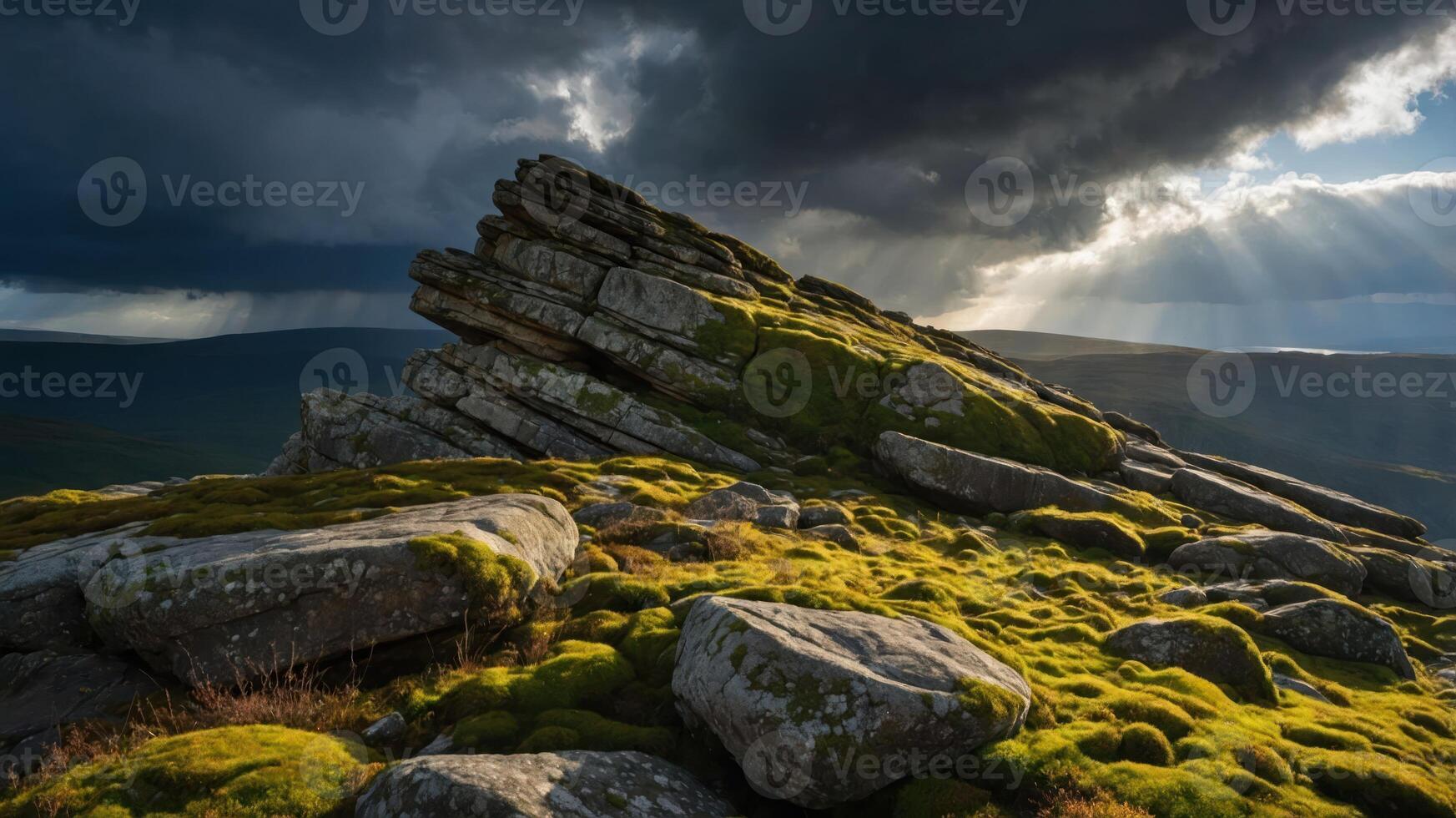 A moss-covered rock formation under dramatic clouds and sunlight beams in a mountainous landscape. photo