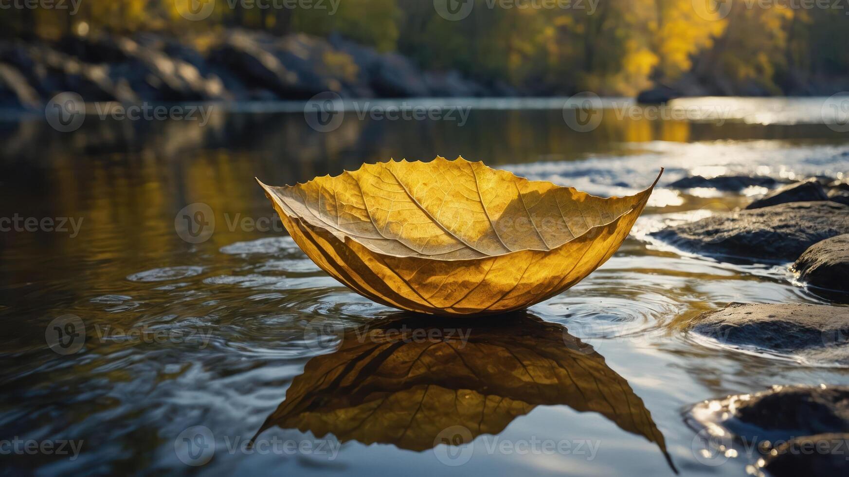 A large yellow leaf floats on calm water, reflecting autumn colors in a serene landscape. photo