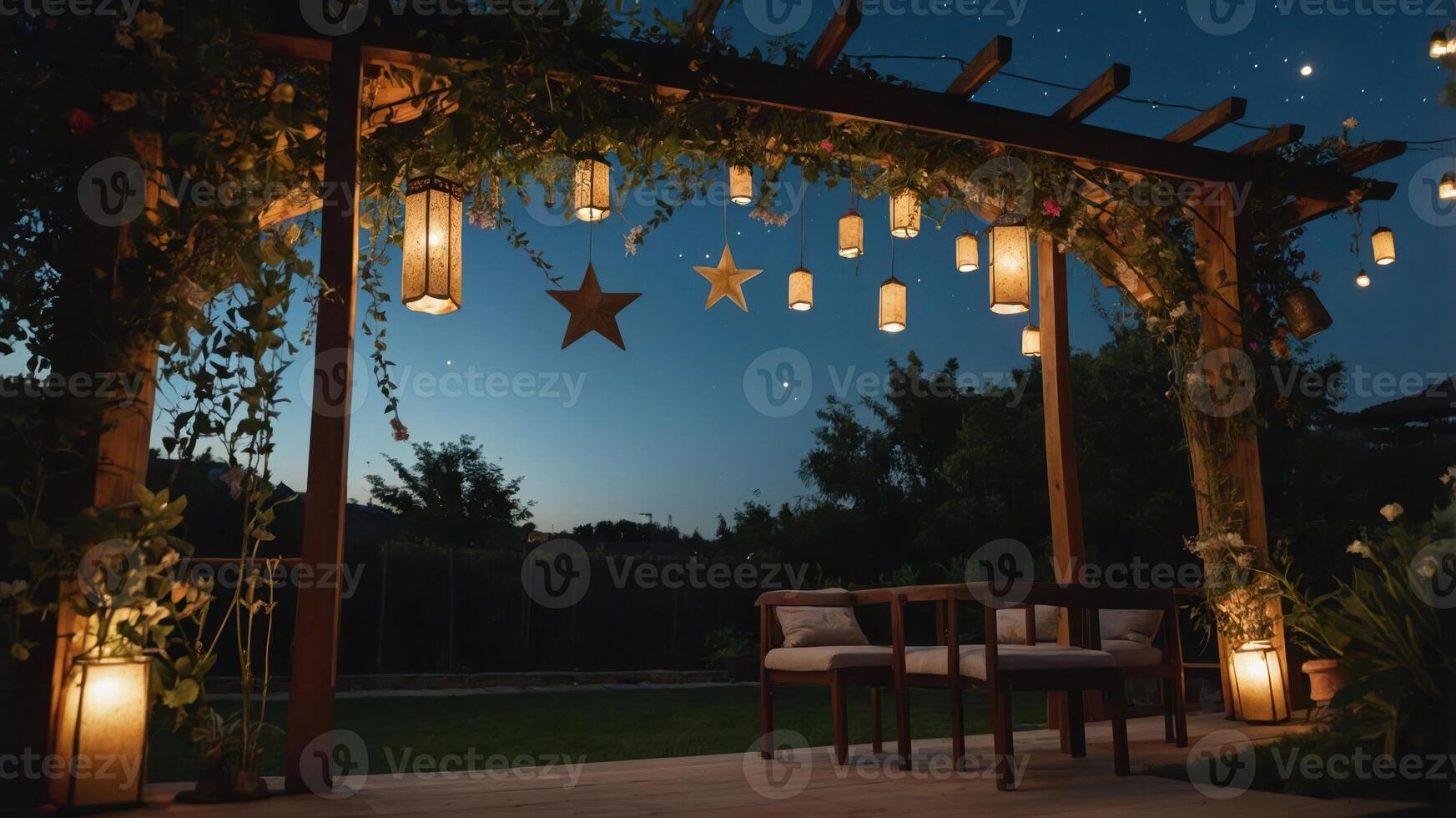 A cozy outdoor seating area illuminated by lanterns under a starry night sky. photo