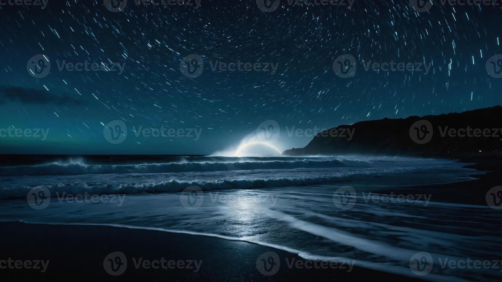 A serene night scene of ocean waves under a starry sky with a glowing arc on the horizon. photo