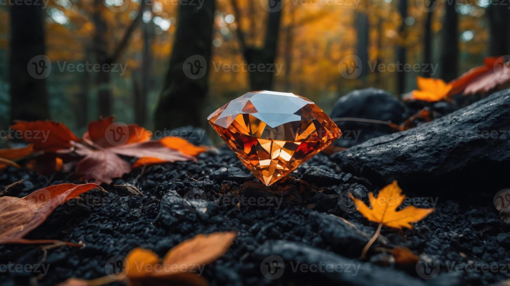 A sparkling orange gemstone rests on dark soil amidst autumn leaves in a forest setting. photo