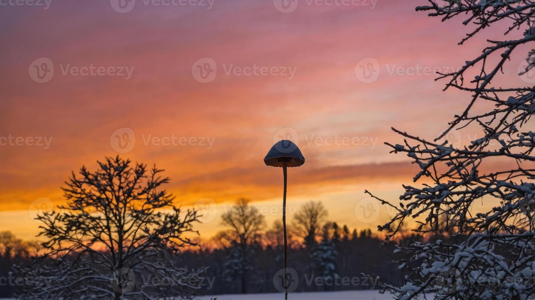 A serene winter sunset with silhouetted trees and a lamp post against a colorful sky. photo