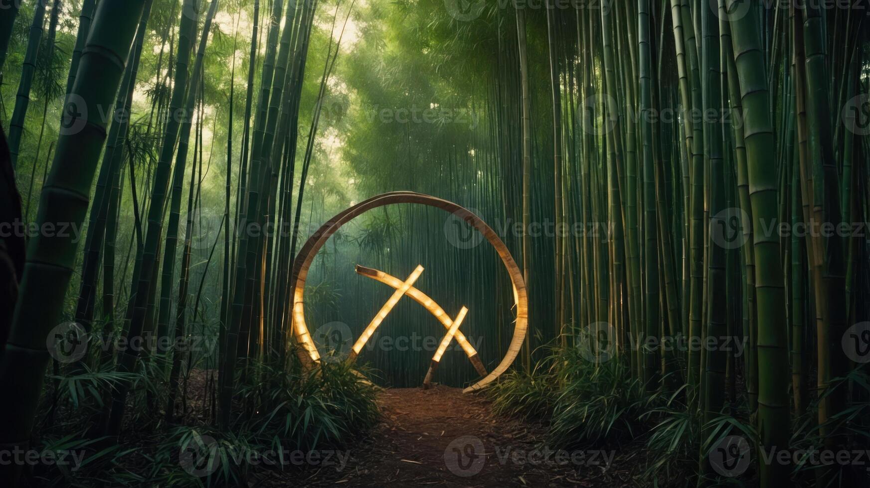 A serene bamboo forest with illuminated circular structures. photo