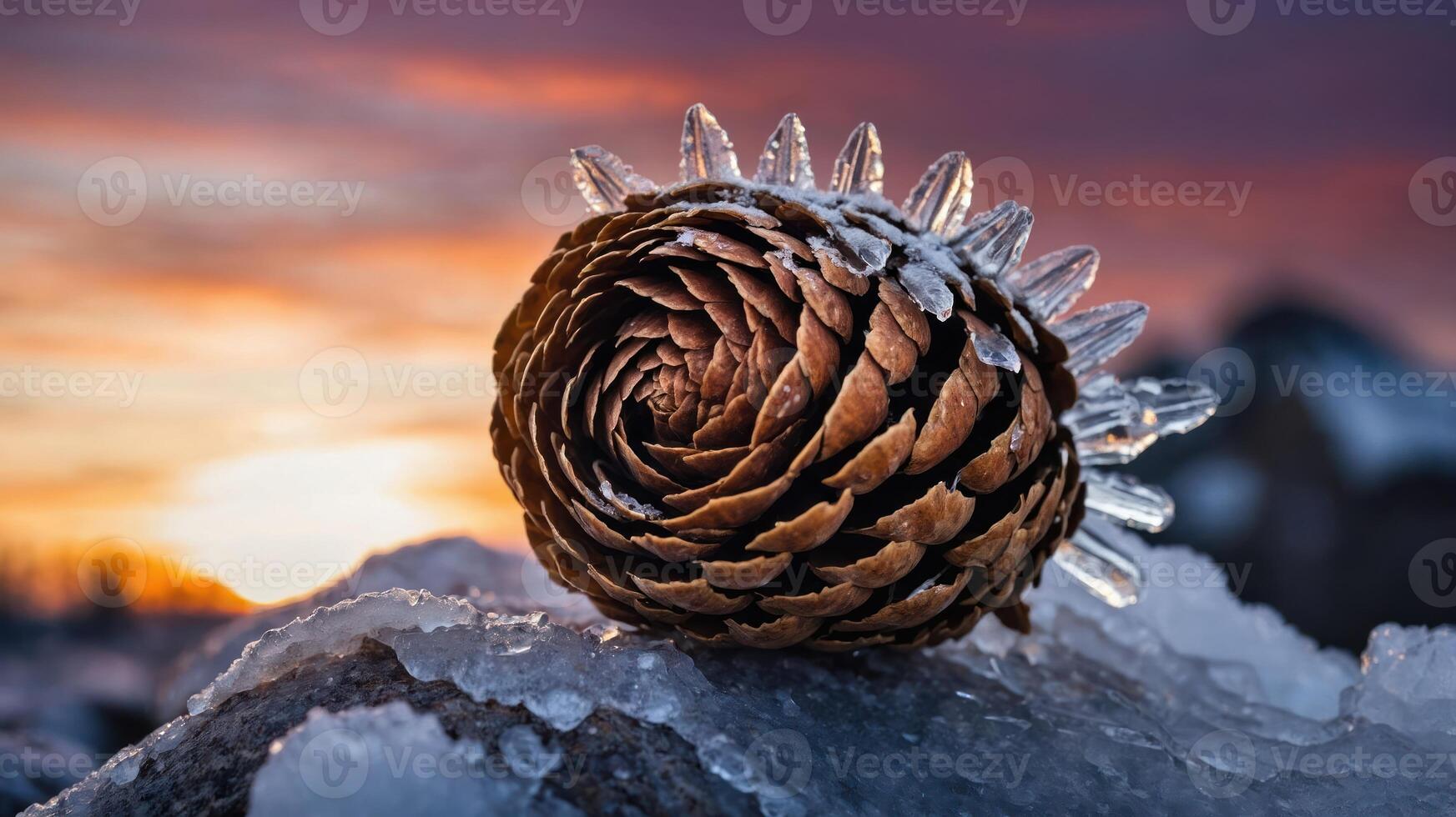 A pine cone adorned with ice crystals against a colorful sunset backdrop. photo