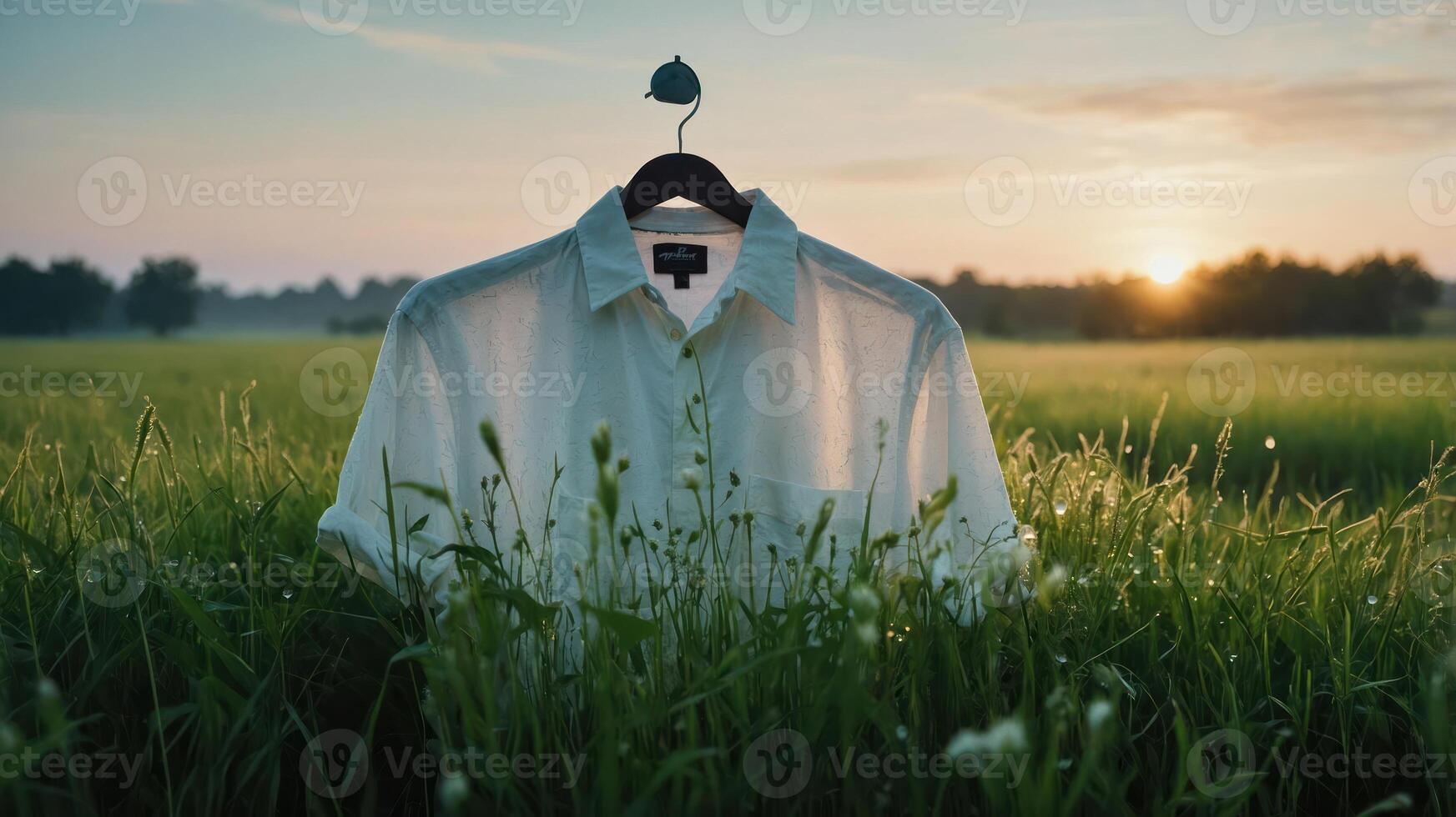 A shirt displayed on a hanger in a field at sunset, symbolizing fashion and nature. photo