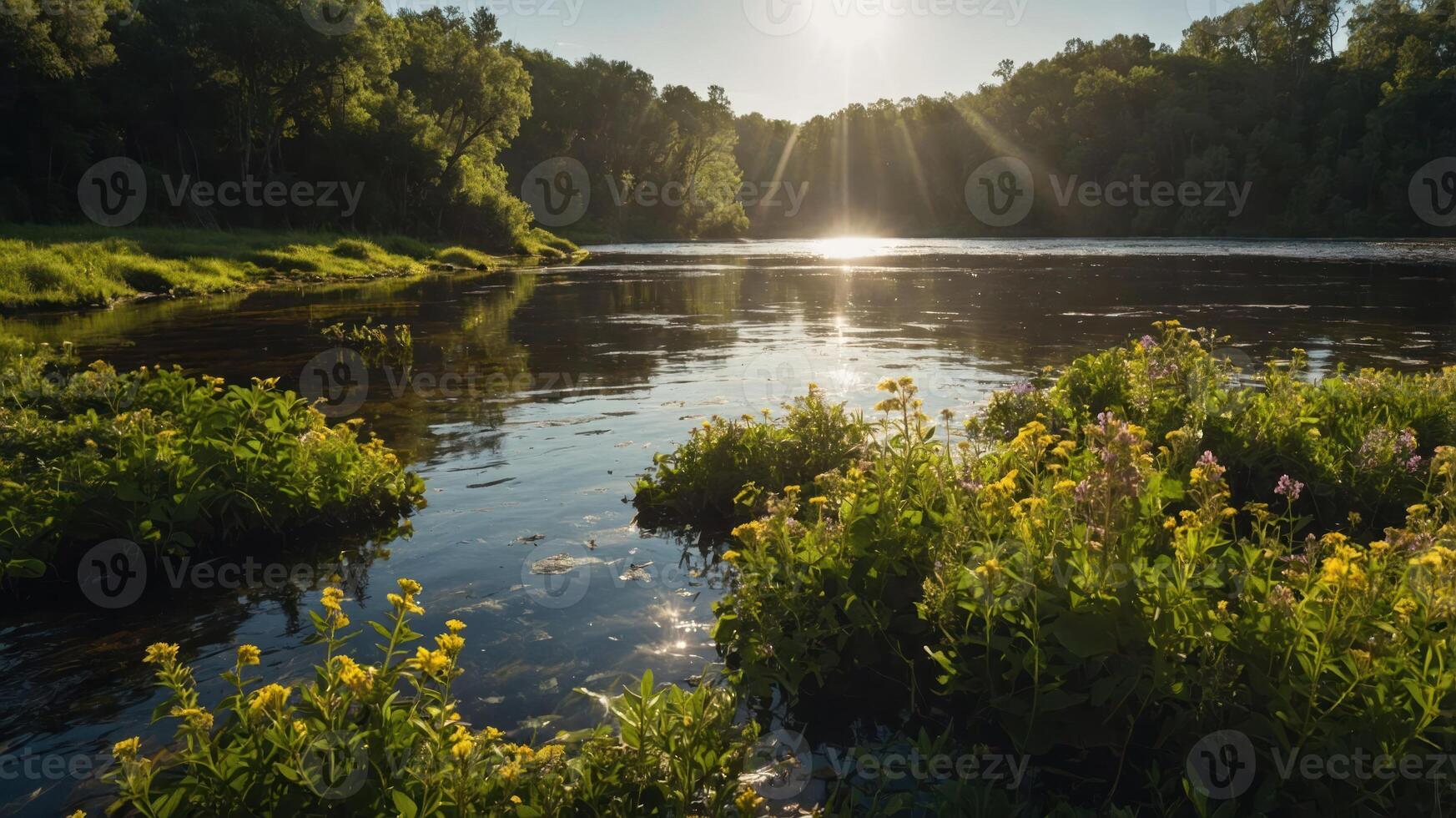 A serene river landscape at sunset with blooming flowers and lush greenery. photo