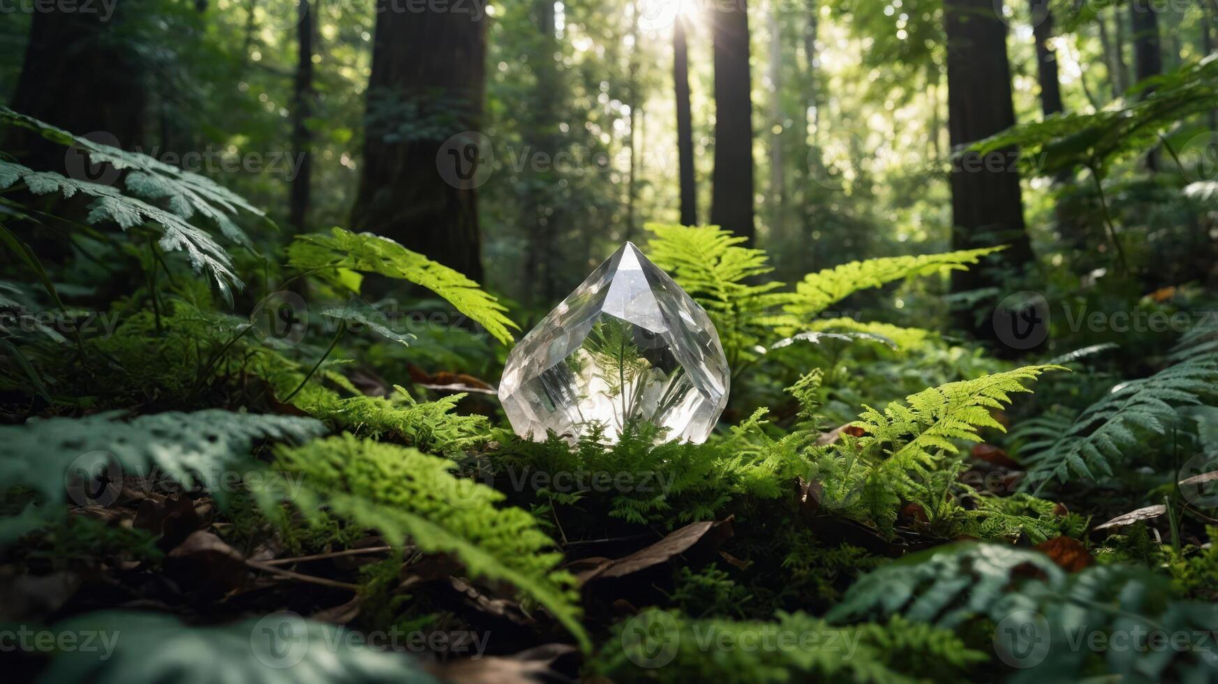 A crystal teardrop rests among lush ferns in a sunlit forest. photo