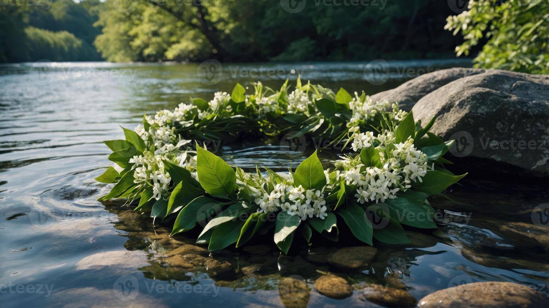 A floral wreath floats on calm water, surrounded by greenery and rocks. photo