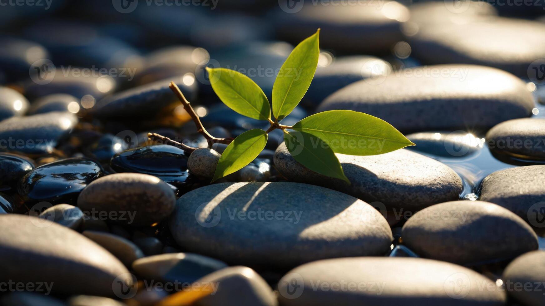 A small green plant emerges from smooth stones, symbolizing resilience in nature. photo