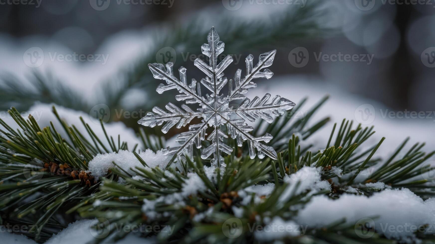 A snowflake rests on evergreen branches, surrounded by a snowy landscape. photo