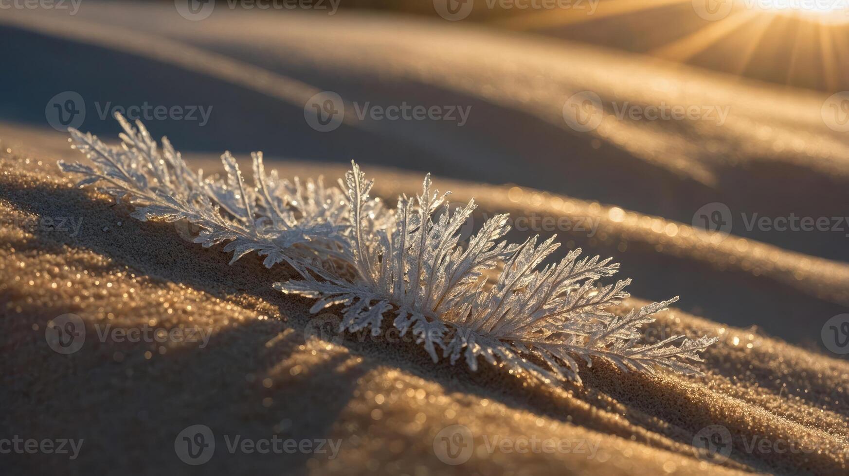 A close-up of frosty crystals on sand, illuminated by sunlight, showcasing winter beauty. photo