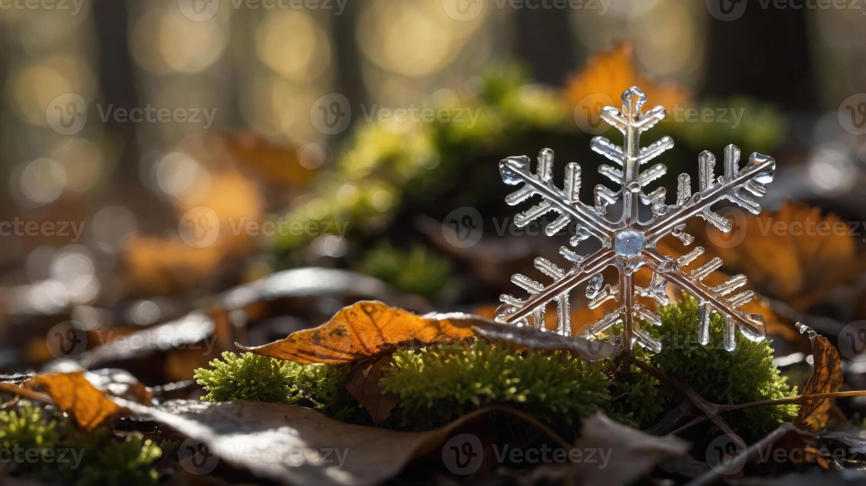 A snowflake decoration rests on moss and fallen leaves in a serene forest setting. photo