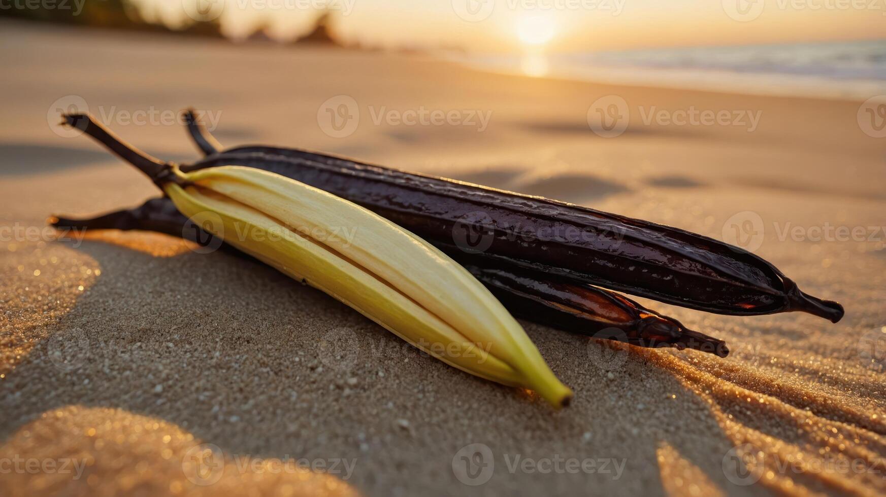 Three pods, two dark and one light, resting on sandy beach at sunset. photo