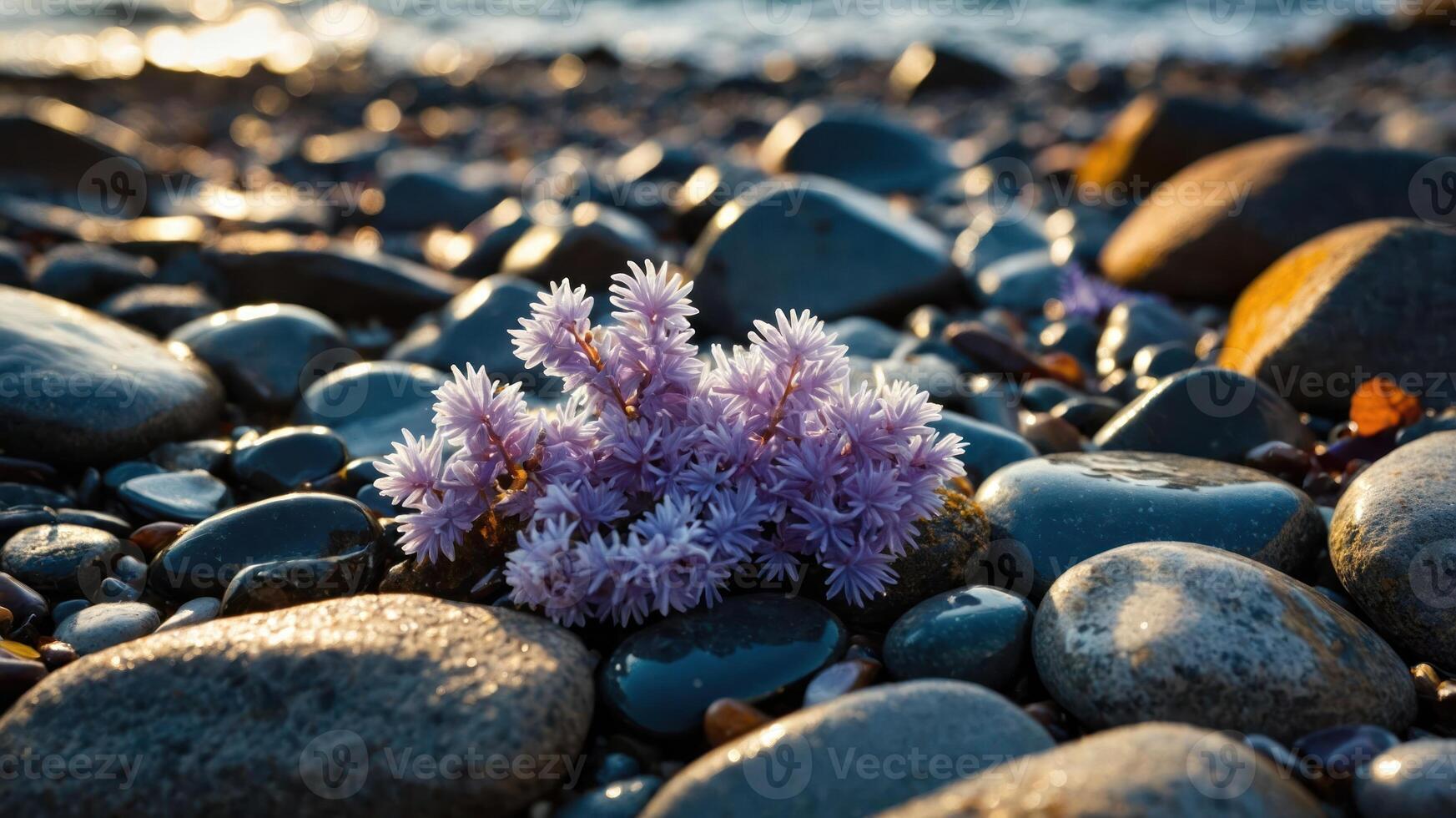 A cluster of purple flowers rests among smooth stones by the water's edge. photo