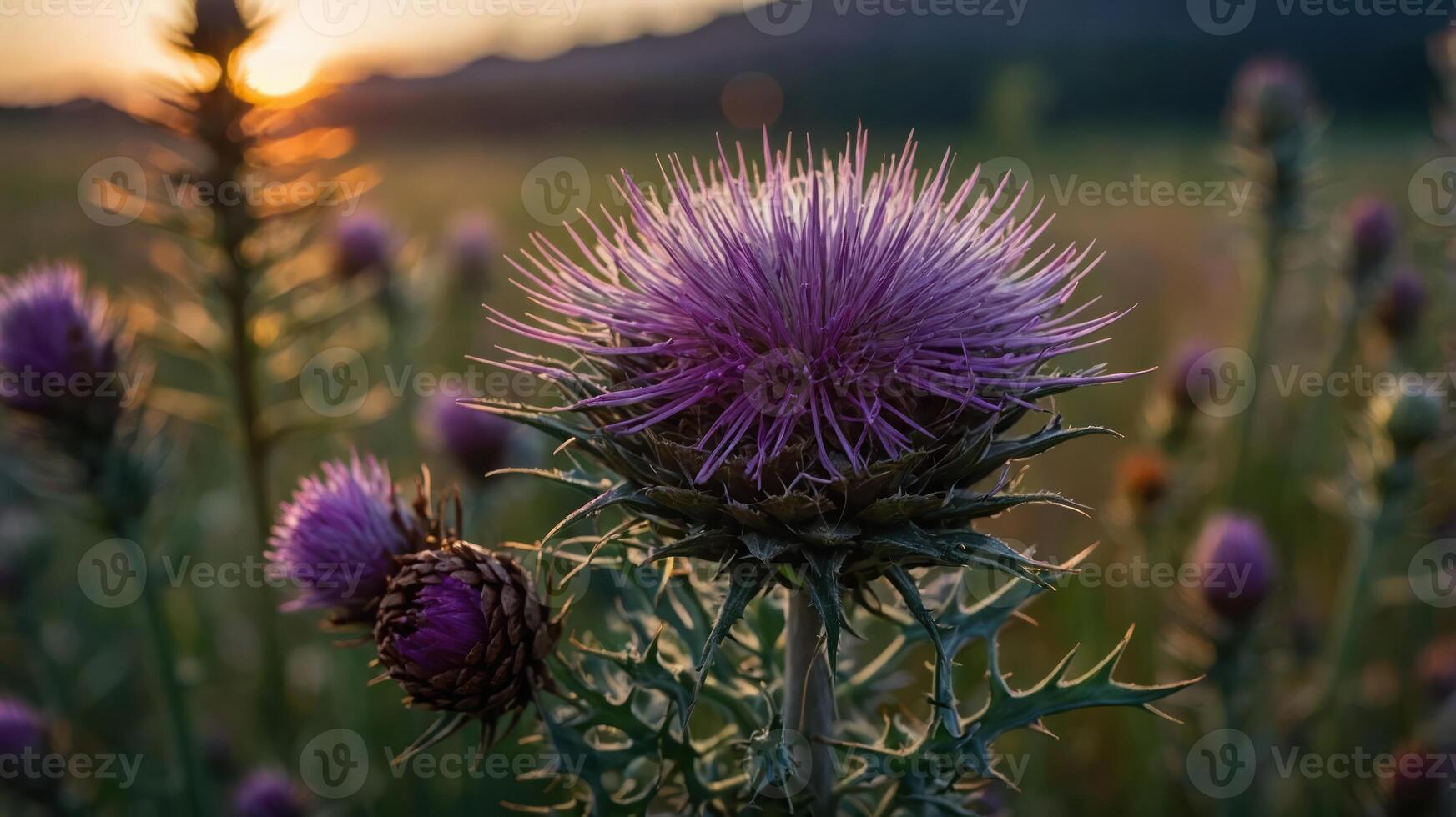 A close-up of a vibrant purple thistle flower against a sunset backdrop. photo