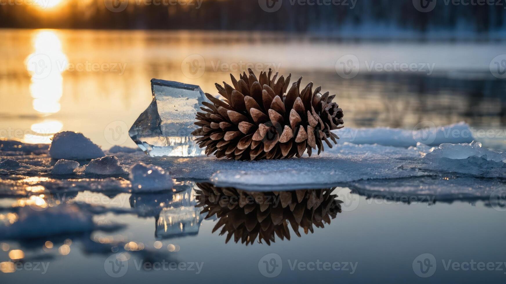 A serene winter scene featuring a pine cone and ice on a reflective surface at sunset. photo