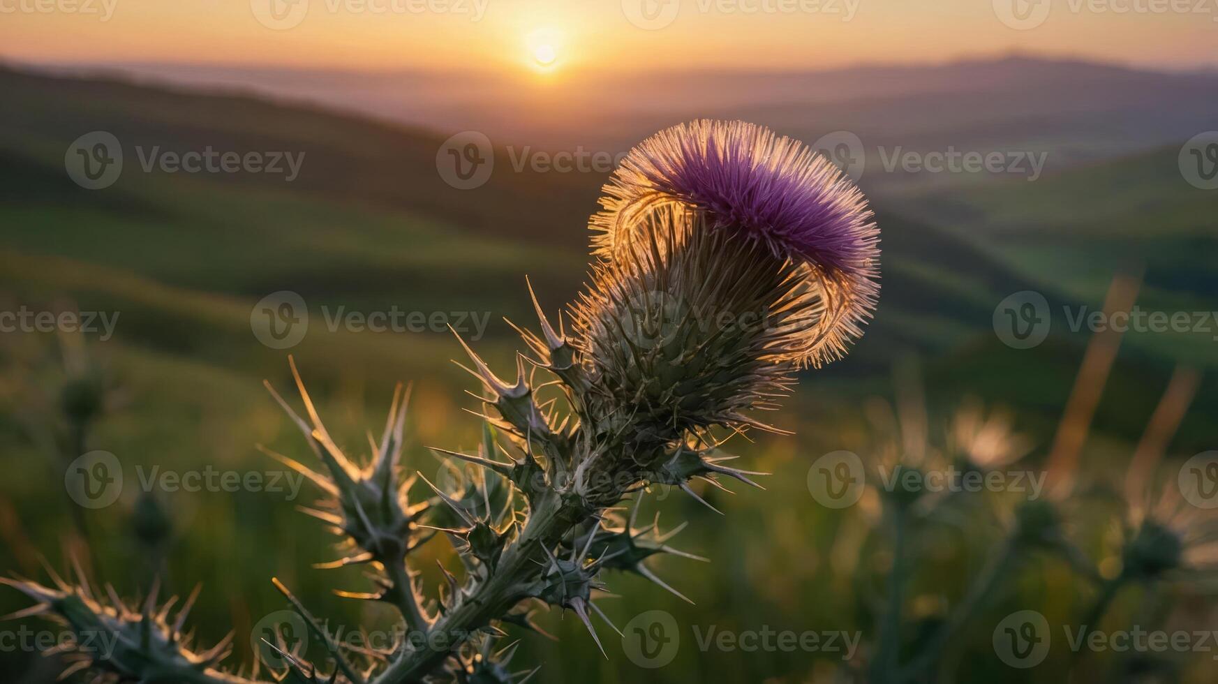 A thistle flower stands in the foreground as the sun sets over rolling hills. photo