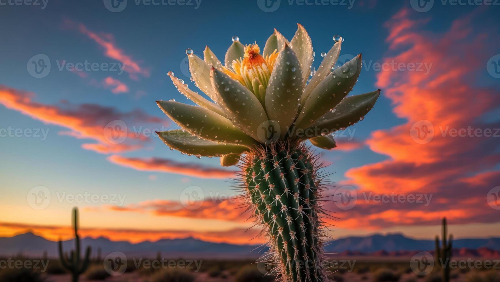 Cactus Blooming at Sunset with Desert Landscape and Colorful Sky photo