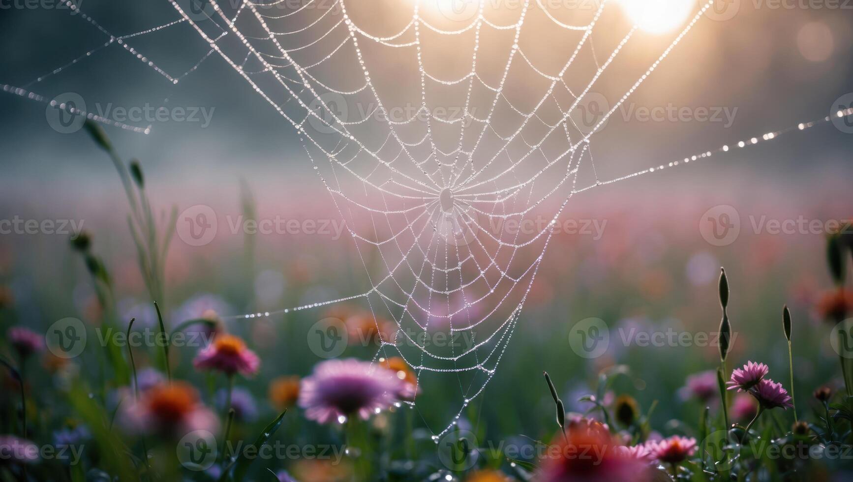 Dew Covered Spiderweb in Flower Field with Morning Sunlight photo