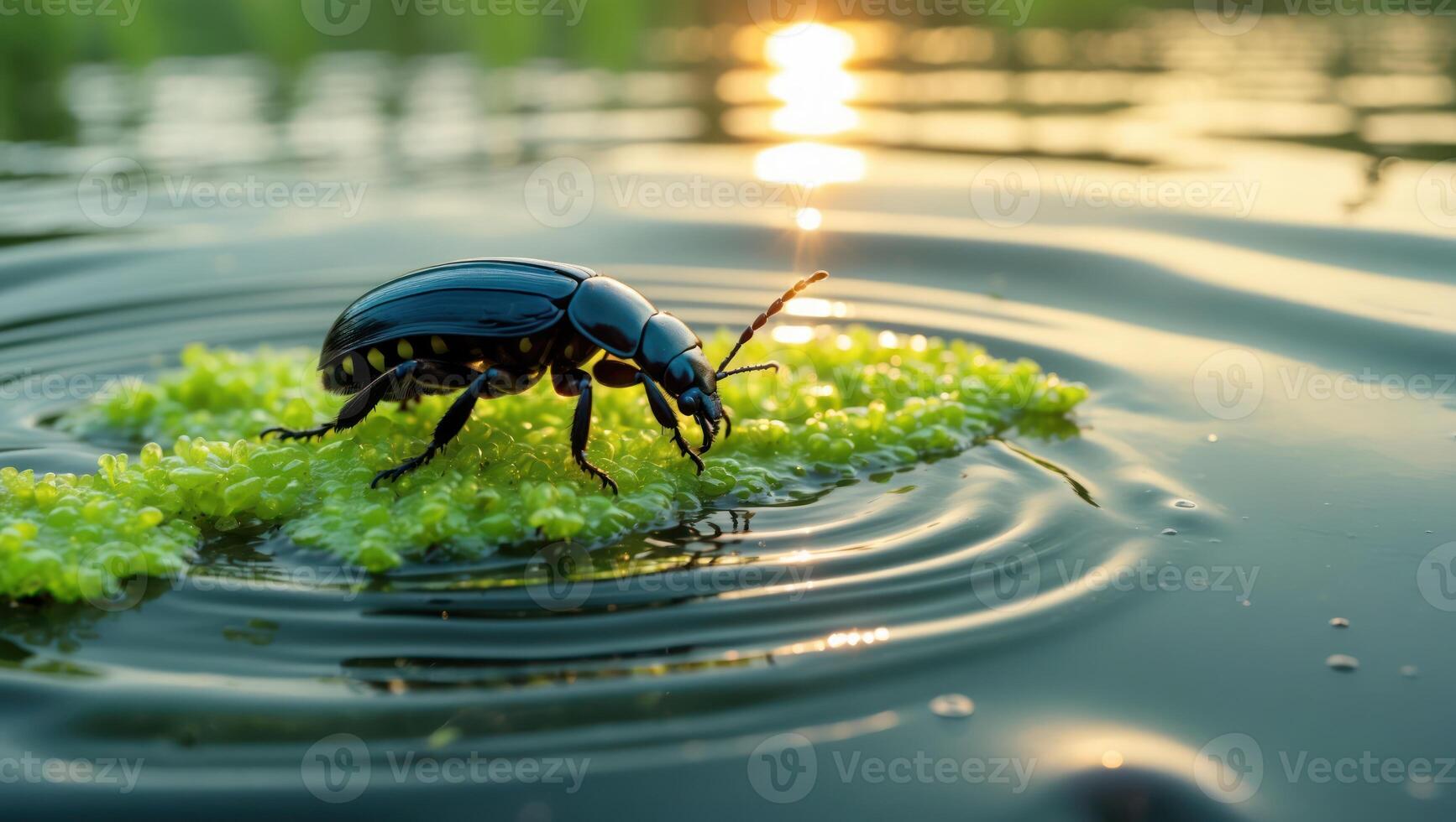 Beetle Resting on Pond Scum Island in Water at Sunset photo
