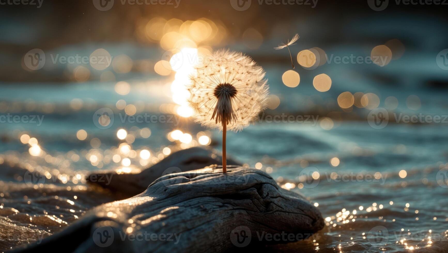 Dandelion Seed Head on Driftwood by Water Shimmers with Sunlight photo