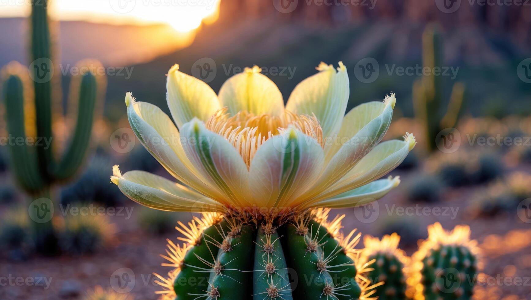 Cactus Bloom at Sunset in Desert Landscape with Soft Light photo