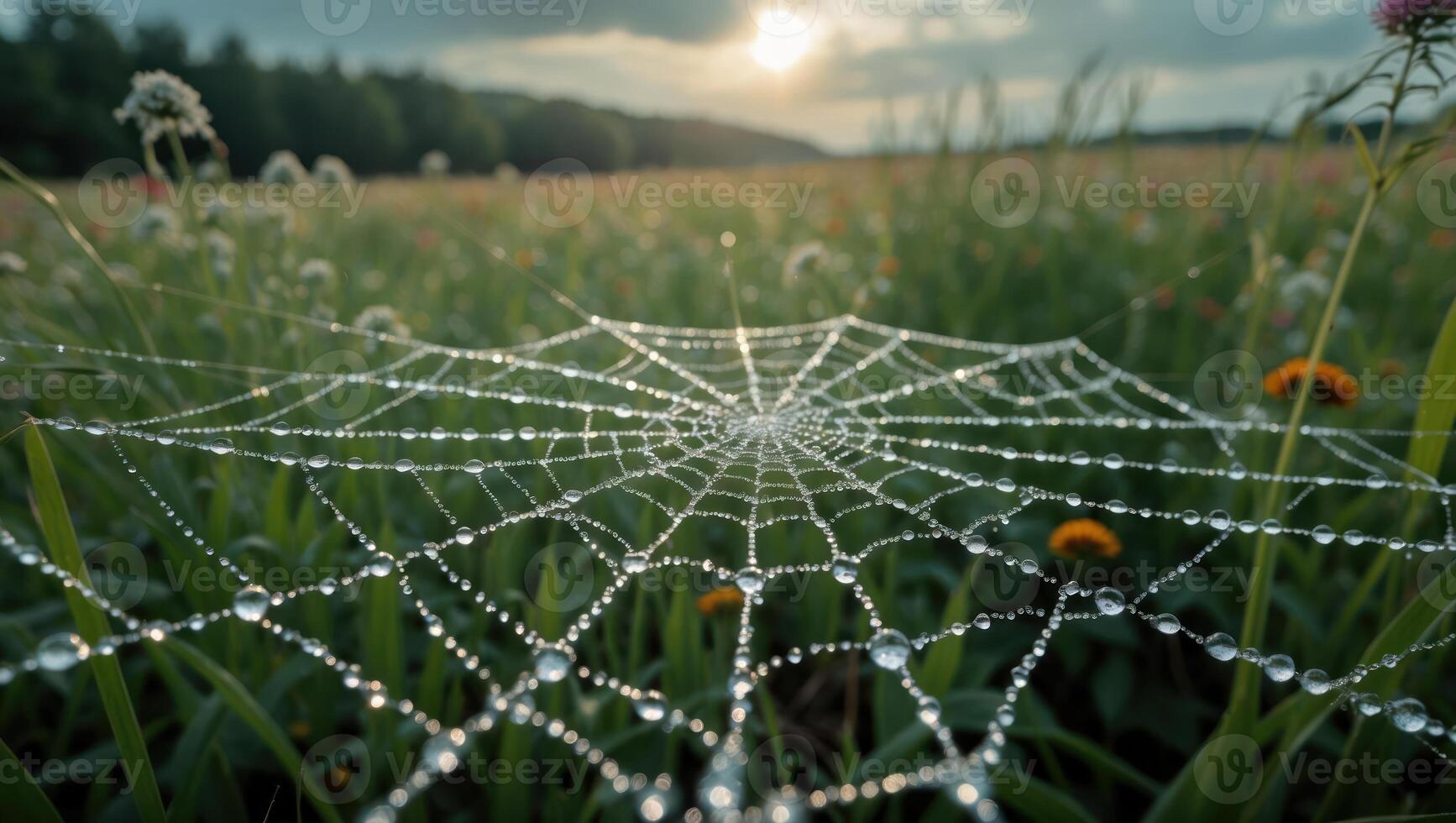 Spiderweb Covered in Dew Drops in a Lush Meadow at Sunset photo