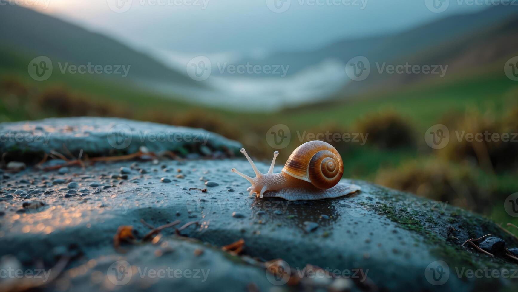 Snail Crawling on Wet Rock in Nature Landscape Scenic View photo