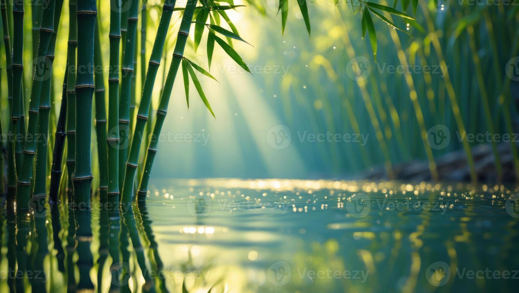 Bamboo Forest Reflecting in Water with Sun Rays Shining Through Trees photo