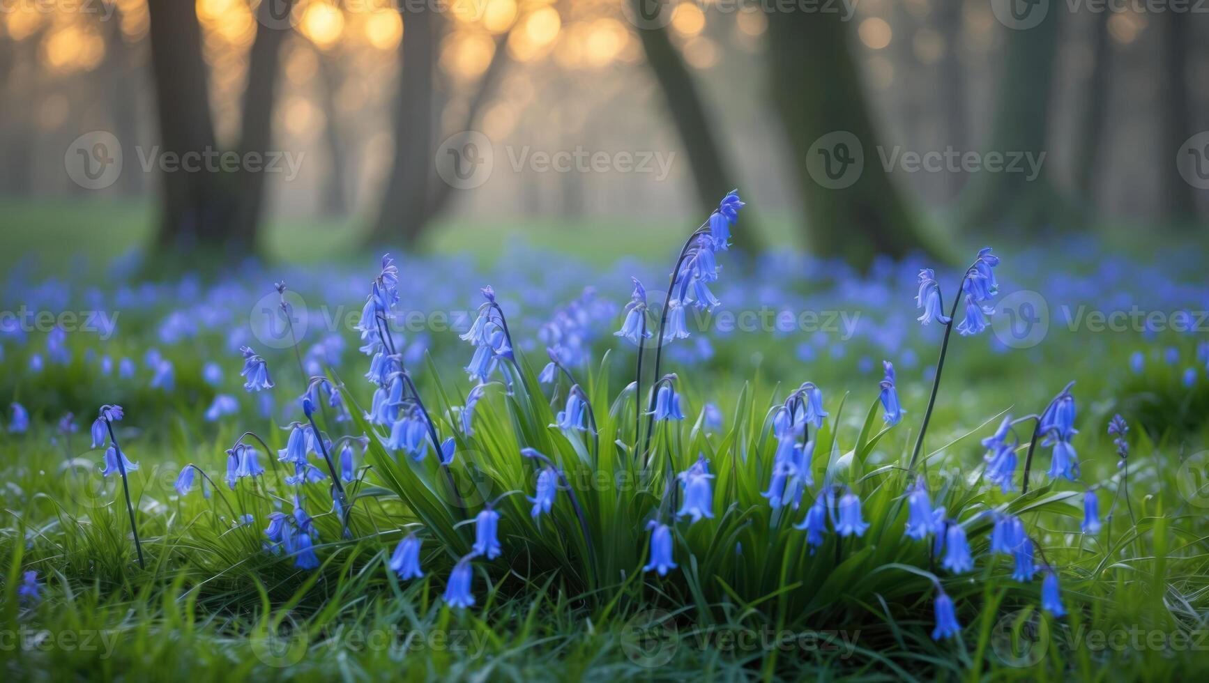 Bluebell Flowers Blooming in Forest Meadow with Sunlight Through Trees photo