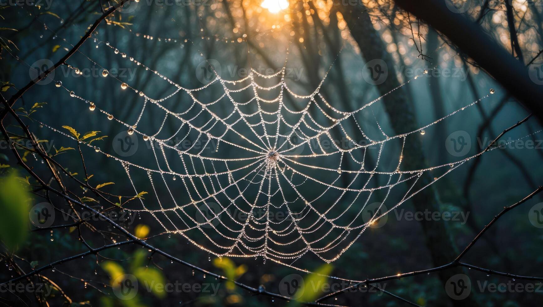 Spiderweb Covered in Dew Drops in a Forest at Sunrise photo
