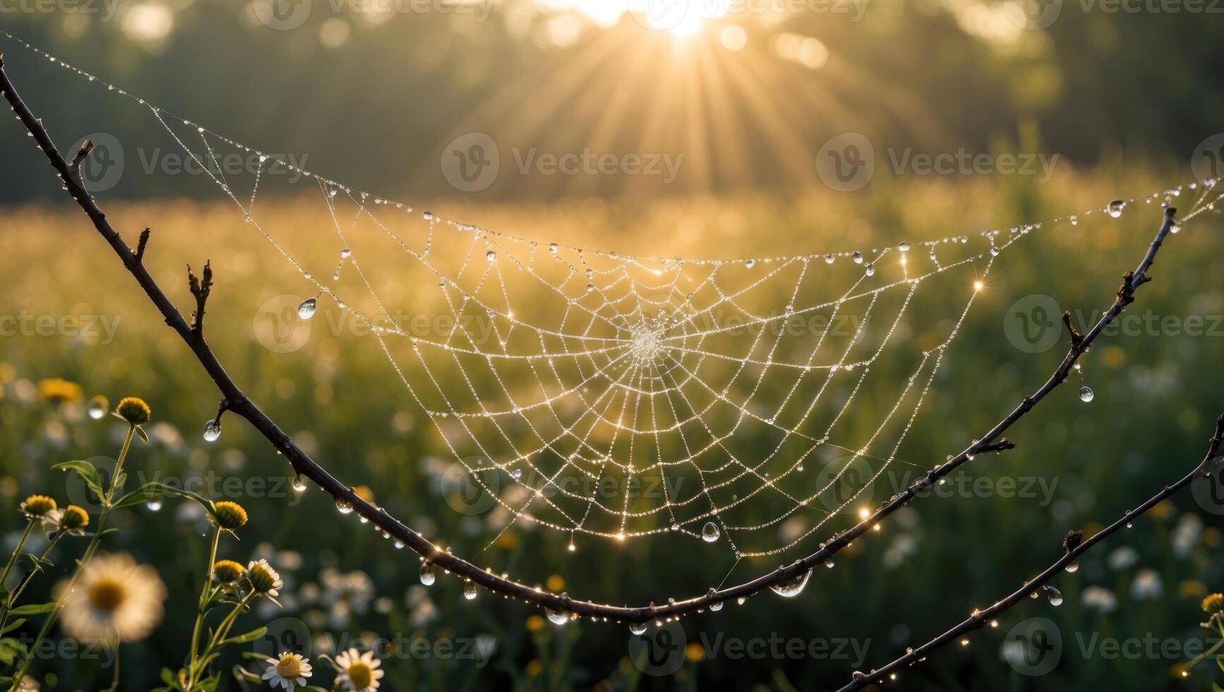Spiderweb Covered in Dewdrops Shines in the Morning Sunlight photo