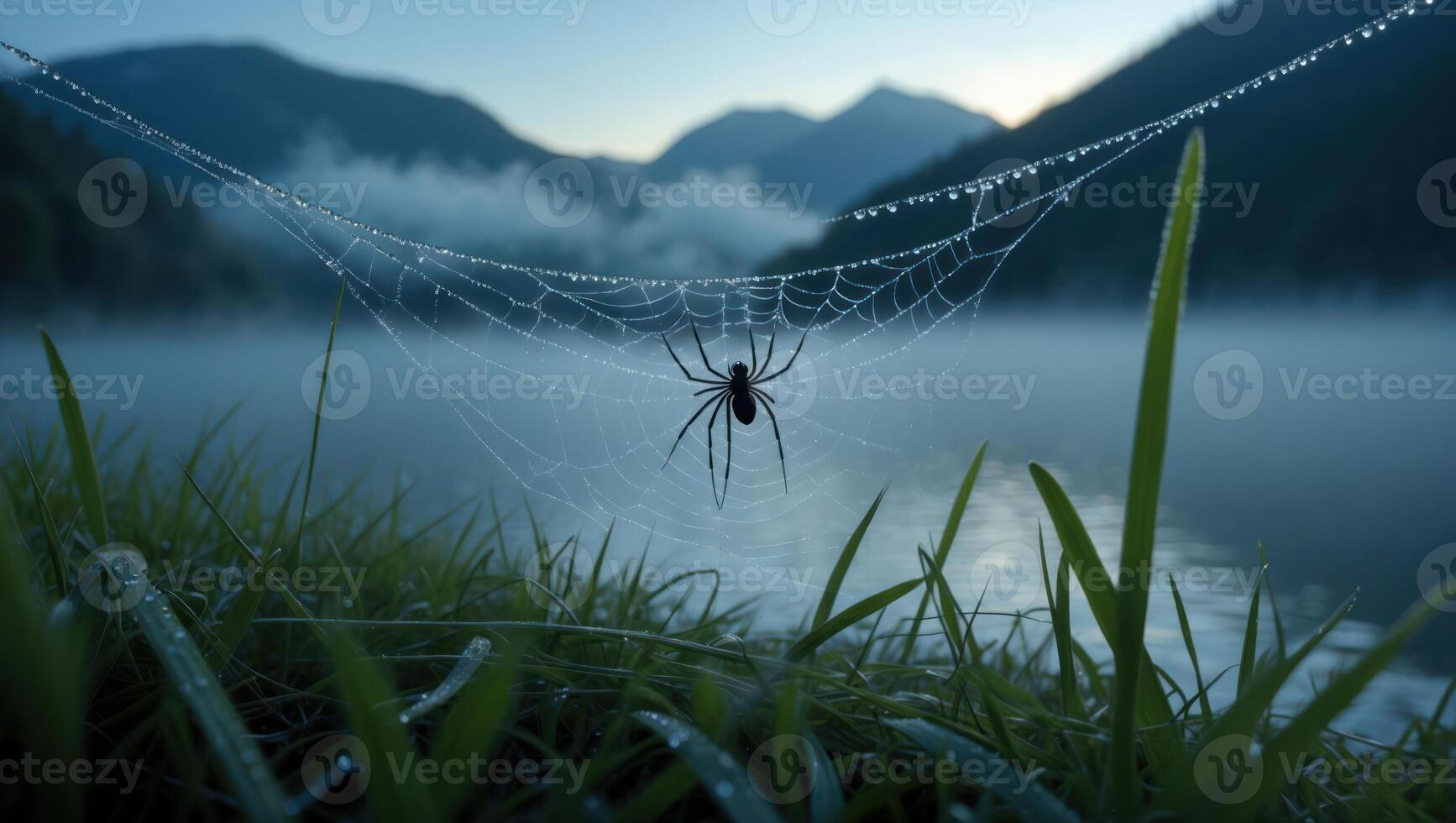 Spider Resting on Web with Dew Drops Near Misty Lake Scene photo