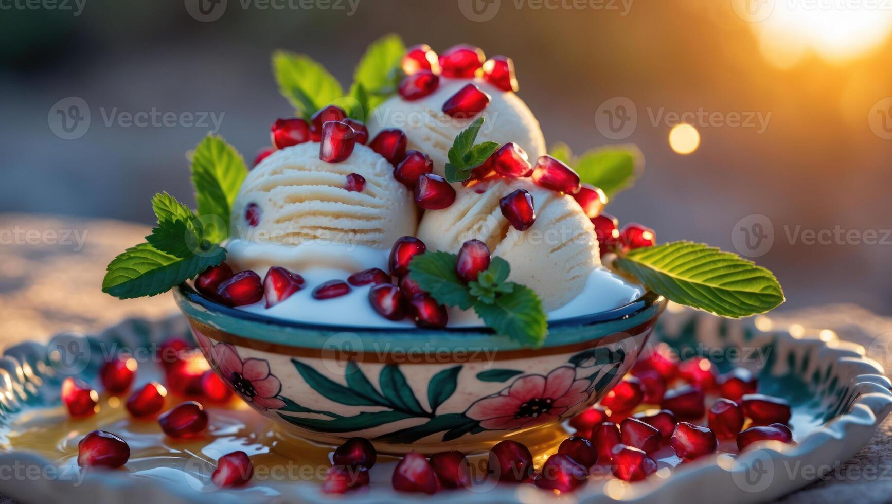 Ice Cream Scoops Topped with Pomegranate Seeds and Mint Garnishing photo