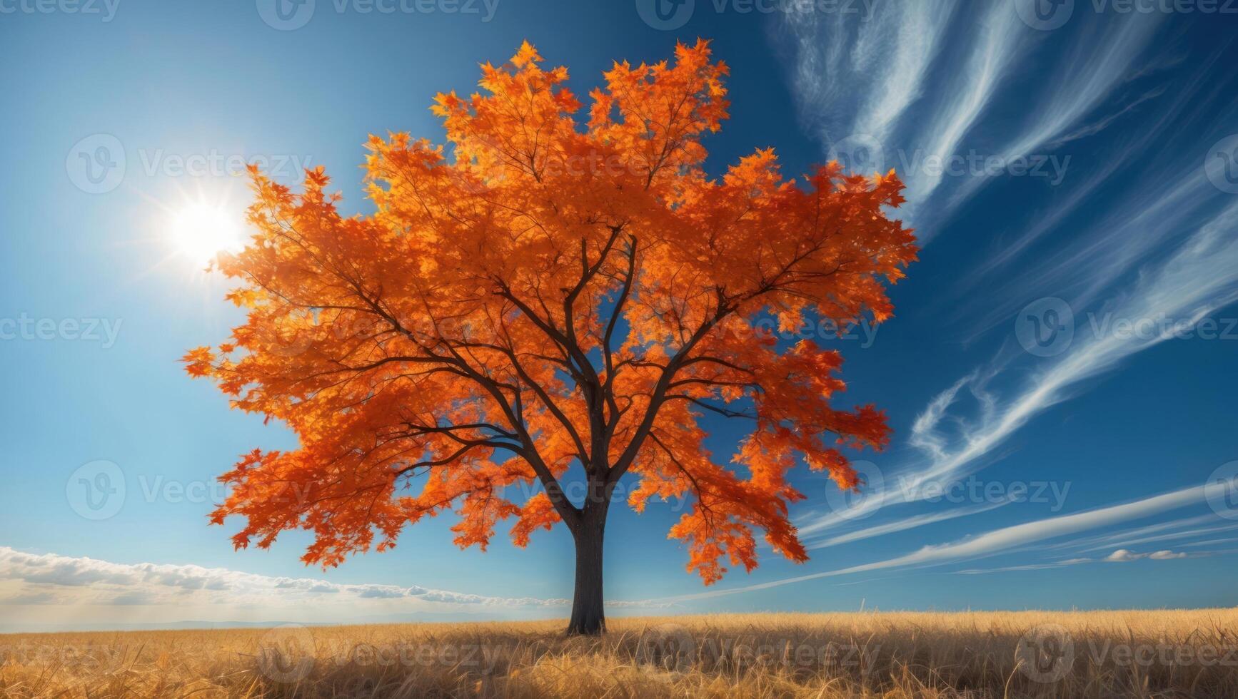 Solitary Autumn Tree with Orange Leaves Standing in Golden Wheat Field photo