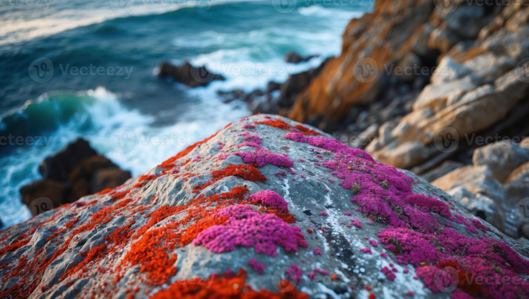 Colorful Rock Formation by Ocean Waves with Red and Pink Moss photo